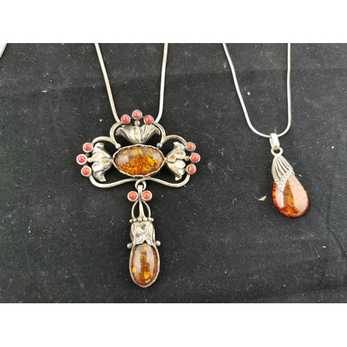 110 - Set of 3 Genuine Amber 925 Silver Necklaces & 2 925 Silver Amber Bracelets