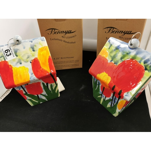 63 - Pair of Benaya Art Ceramics 8.35'' Bird Houses