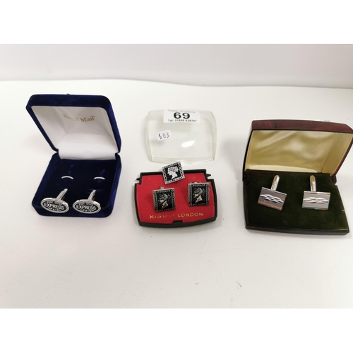 69 - Three Sets Of Cufflinks Inc Penny Black Postage with Brooch