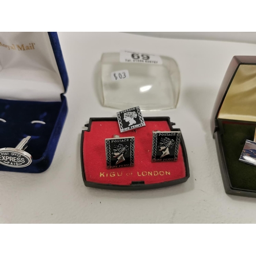 69 - Three Sets Of Cufflinks Inc Penny Black Postage with Brooch