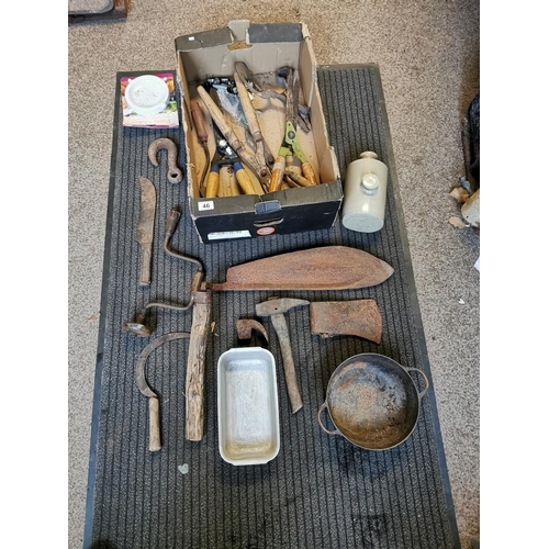 46 - Good Box Of Tools Hay Chopper, Axe Head Etc