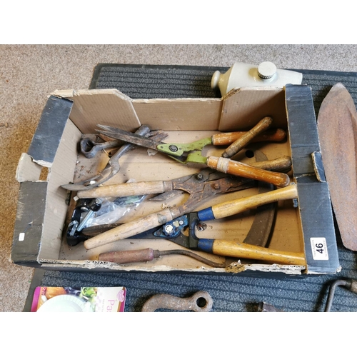 46 - Good Box Of Tools Hay Chopper, Axe Head Etc