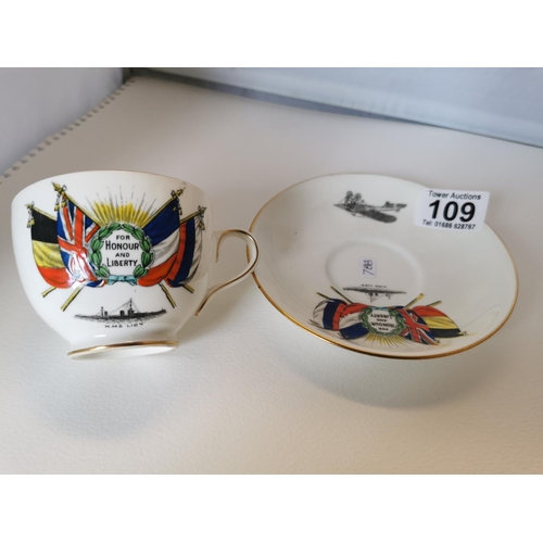 109 - Good Antitque China Cup & Saucer For Honor & Liberty 6 Flags By Chelston Hand Painted