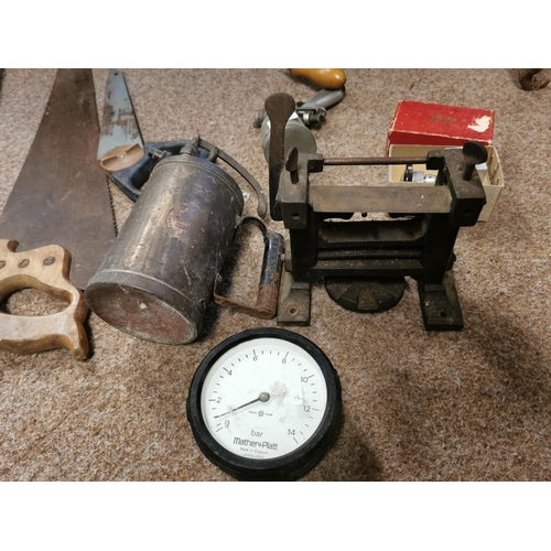 27 - Quantity Of Various Tools Inc Dial Gauges, Spray Guns Saws Etc & An Unusual Press