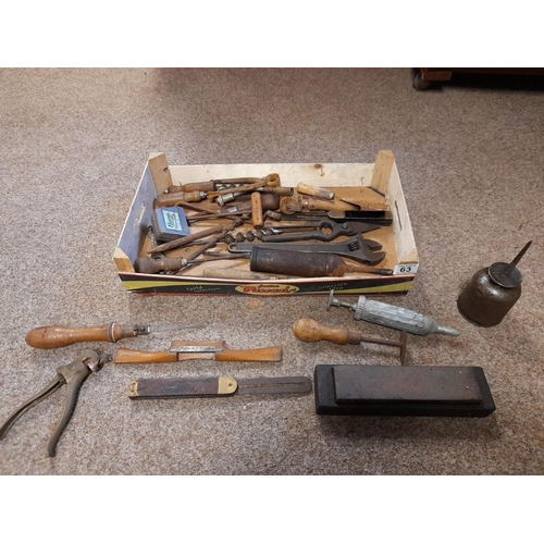 63 - Box Of Vintage Tools Inc Sharpening Stone, & Spoke Shaver