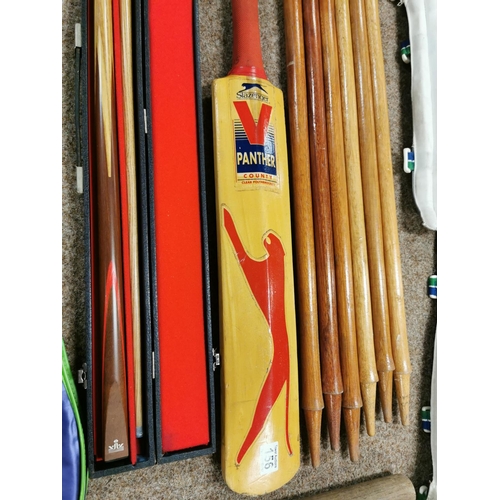 156 - Large Quantity Of Various Sport Items, Cricket Set, Rounders Bat, & Boxed Pool Cue.