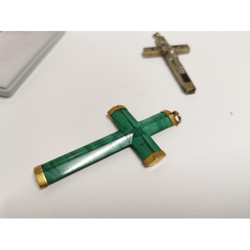 173 - Good Quality Malachite Cross With Tested 15kt Gold Tips Plus White Metal And Ebony Cross