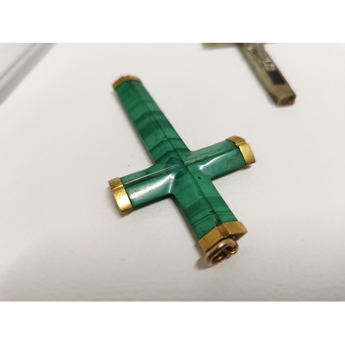 173 - Good Quality Malachite Cross With Tested 15kt Gold Tips Plus White Metal And Ebony Cross