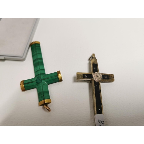 173 - Good Quality Malachite Cross With Tested 15kt Gold Tips Plus White Metal And Ebony Cross