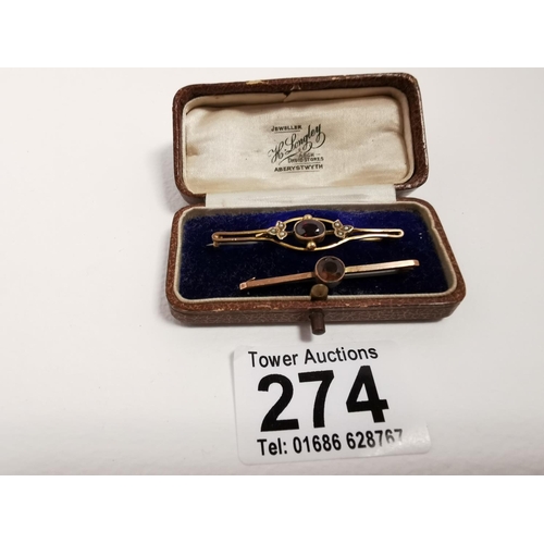 274 - Two Antique 9ct Gold Brooches With Amber Stones To Center Total Weight Of 3.7g