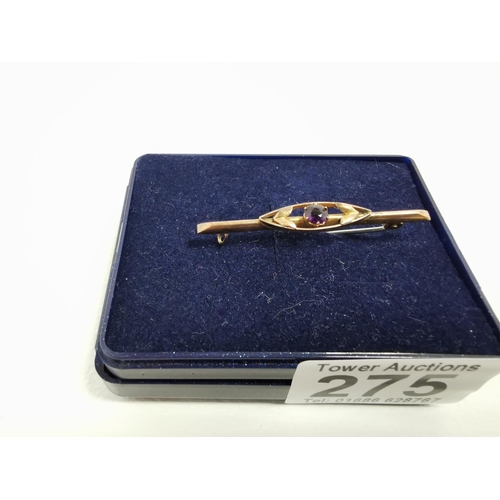 275 - Antique 9ct Gold Bar Brooch With Amethyst Stone To Centre 1.8g