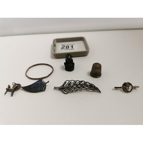 281 - Quantity Of 925 Silver Items Inc Two Silver Leaf Brooches, Charm Bracelet And A Rare Bronze Miniatur... 