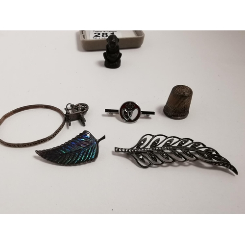 281 - Quantity Of 925 Silver Items Inc Two Silver Leaf Brooches, Charm Bracelet And A Rare Bronze Miniatur... 