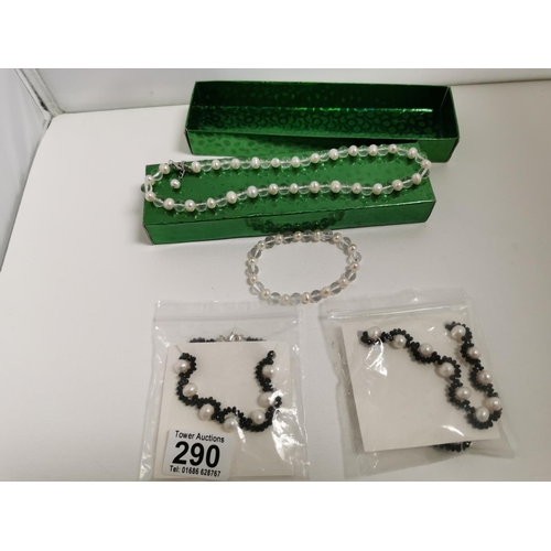 290 - Set Of New Clear Quartz And Real Pearl Bracelet And Necklace Set And Black Spindle And Pearl Bracele... 