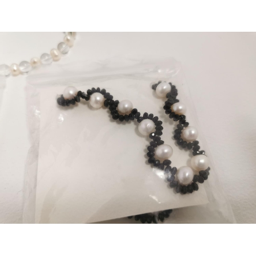 290 - Set Of New Clear Quartz And Real Pearl Bracelet And Necklace Set And Black Spindle And Pearl Bracele... 