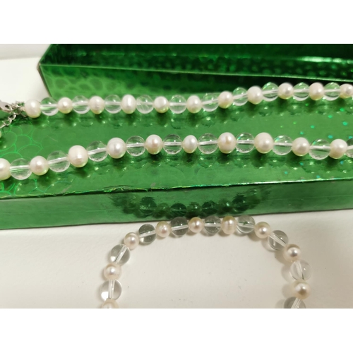 290 - Set Of New Clear Quartz And Real Pearl Bracelet And Necklace Set And Black Spindle And Pearl Bracele... 