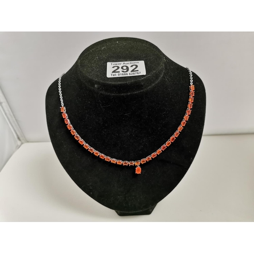 292 - New 925 Silver Tennis Necklace Inset With Bright Orange Gem Stones Stand Not Included