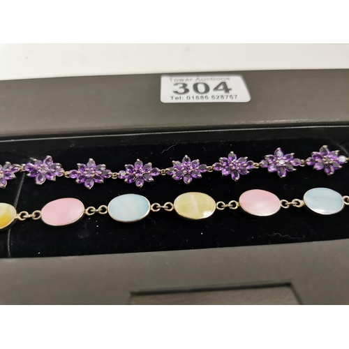 304 - Pair Of New 925 Silver Mother Of Pearl And Amethyst Bracelets