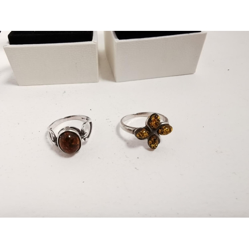 312 - Pair Of 925 Silver And Amber Rings In Pandora Boxes Size N & P