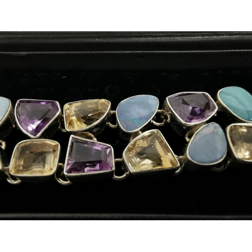 313 - New 925 Silver Gem set Bracelet Inset With Amethyst Citrine & Opal
