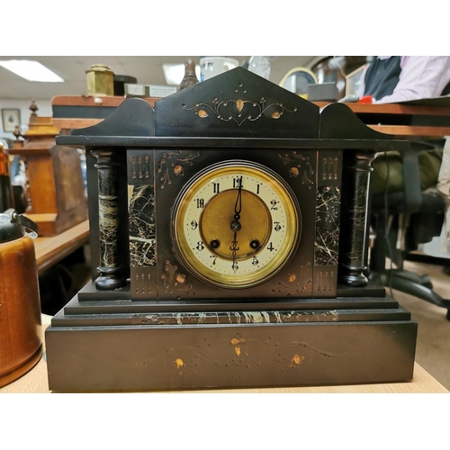 330 - Antique Slate And Marble Mantel Clock By HAC Comes With Key And Pendulum