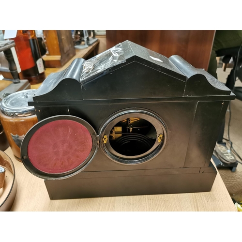 330 - Antique Slate And Marble Mantel Clock By HAC Comes With Key And Pendulum