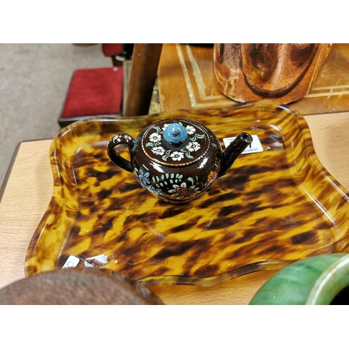 337 - Tortoise Shell Tray, Bakelite Tobacco Jar, Miniature Barge Ware Teapot & Signed John Campbell 1935 S... 