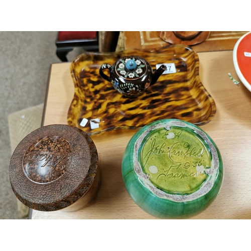 337 - Tortoise Shell Tray, Bakelite Tobacco Jar, Miniature Barge Ware Teapot & Signed John Campbell 1935 S... 