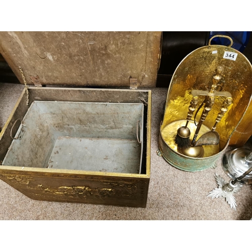 344 - Complete Brass Compainon Set With Coal Scuttle And One Other Chrome Set & Lined Brass Bin