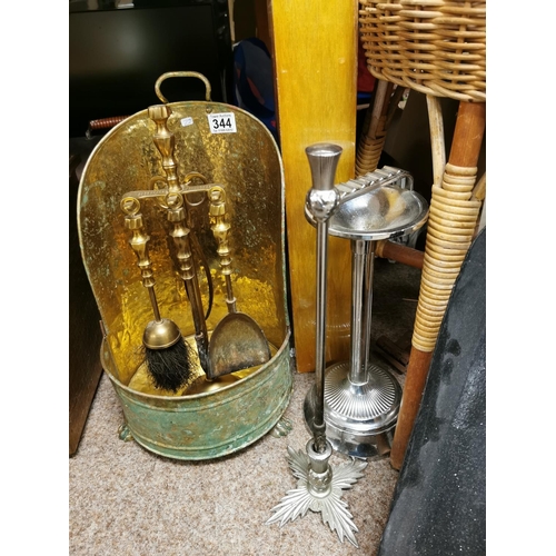 344 - Complete Brass Compainon Set With Coal Scuttle And One Other Chrome Set & Lined Brass Bin