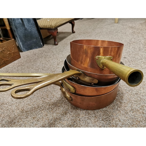 348 - Quantity Of 5 Good Quality Heavy Copper And Brass Handled Saucepans By Helvetia Made In England