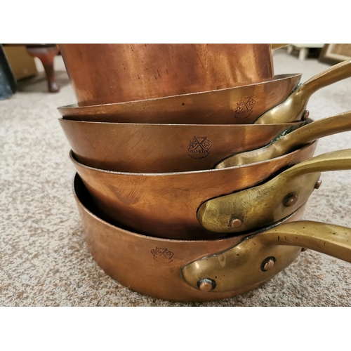 348 - Quantity Of 5 Good Quality Heavy Copper And Brass Handled Saucepans By Helvetia Made In England