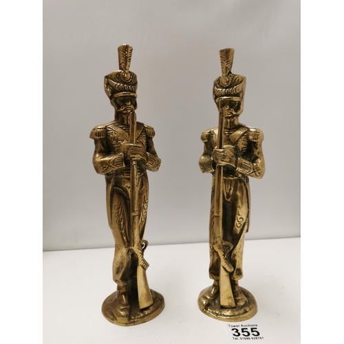 355 - Pair Of Solid Brass Napoleonic Soldiers Both Holding Rifles 4.3kg In Weight