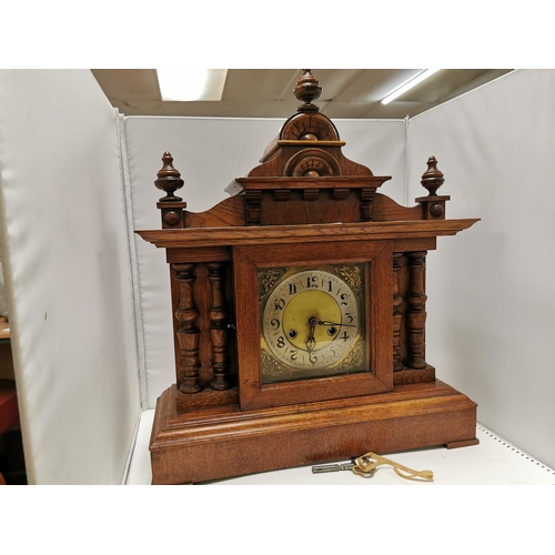 366 - Good Large Ornate Solid Oak Mantel Clock With Key And Pendulum In Good Condition 44cm Wide By 17cm B... 