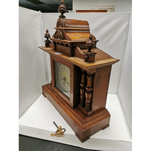 366 - Good Large Ornate Solid Oak Mantel Clock With Key And Pendulum In Good Condition 44cm Wide By 17cm B... 