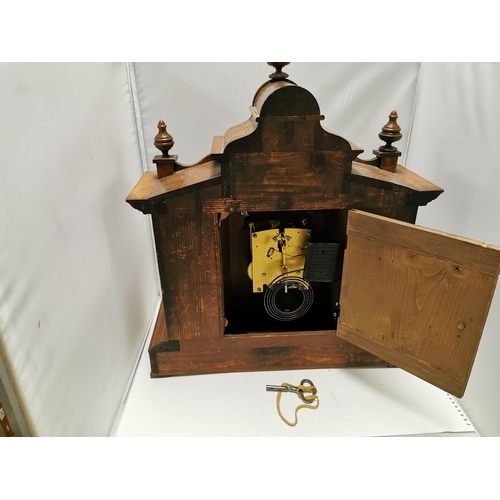 366 - Good Large Ornate Solid Oak Mantel Clock With Key And Pendulum In Good Condition 44cm Wide By 17cm B... 