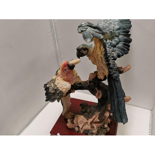 374 - Large Resin Parrot Figures On A Wooden Plynth 45cm Tall by 27cm Long