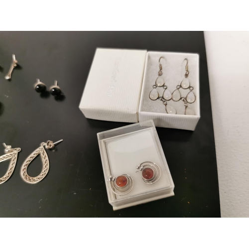 410 - Quantity Of 7 Pairs Of 925 Silver Earrings Inc Amber And Rainbow Moonstone Ones