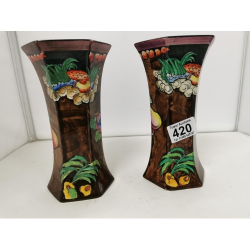 420 - Pair Of Art Deco Molly Hancock Handpainted Woodland Corona Ware Vases