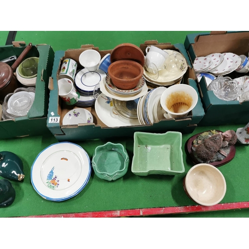 113 - Three Boxes Of Odds Inc Collectable China, Pots And Pans Tea sets Etc