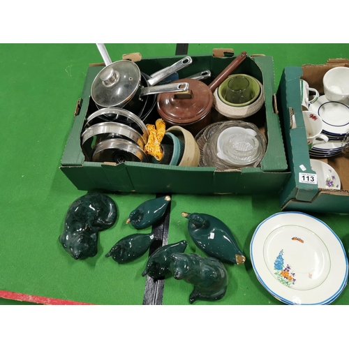 113 - Three Boxes Of Odds Inc Collectable China, Pots And Pans Tea sets Etc