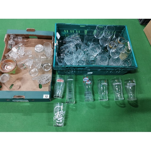 12 - Two Boxes Full Of Crystal Glassware & Pint Glasses Inc Advertising Ones