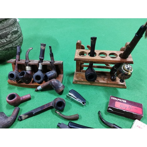 147 - Large Quantity Of Smoking Equipment Inc Pipes, Pipe Racks, Accessories, In A Brass Coal Box Along Wi... 