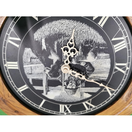 148 - Good Solid Oak Framed Wall Clock With A Pictorial Farming Scene Sheep Dog And Lamb