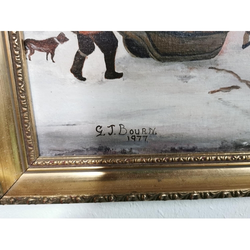 159 - Oil On Board Of A Winter Scene, G J Bourn Dated 1977 In  A Guilt Frame