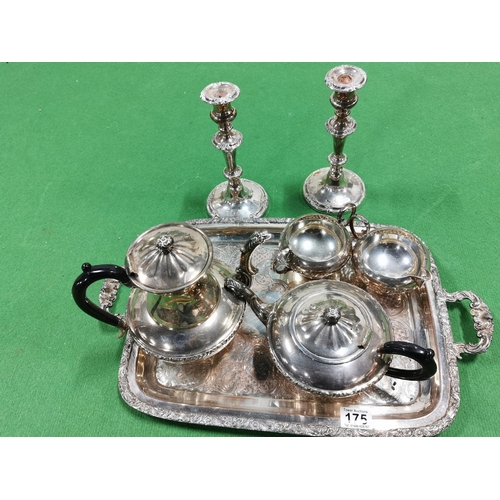 175 - Ornate Plated Tray With Matching Plated Teaset & Candle Sticks, Plate On Copper