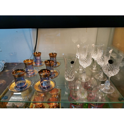 177 - Ornate Turkish Luster And Gilt Glass And Coaster Set And French Lead Crystal Wine Glass Set