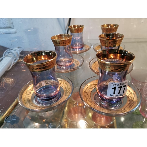 177 - Ornate Turkish Luster And Gilt Glass And Coaster Set And French Lead Crystal Wine Glass Set