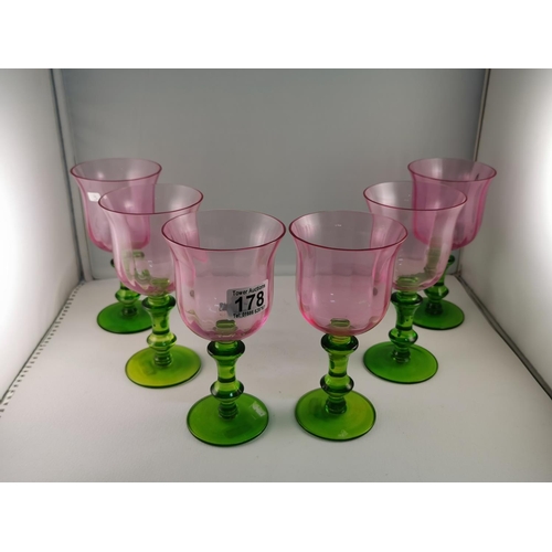 178 - Set Of Six Cranberry Glass Handmade Goblets