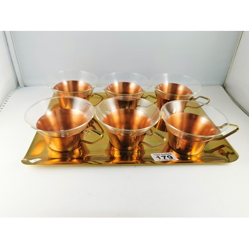179 - Vintage Retro Jena Glass Coffee Set In Copper Holders On A Matching Jena Brass Tray Schott & Gen Mai... 